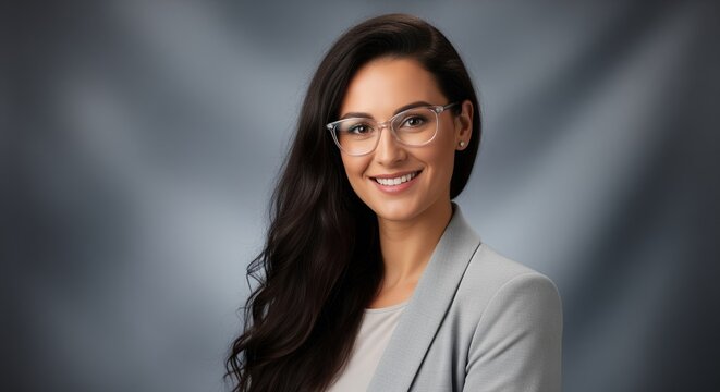 A young woman in glasses and gray blazer smiles warmly at the camera. She has long dark hair and projects confidence. Perfect for business profiles, corporate websites, and networking.
