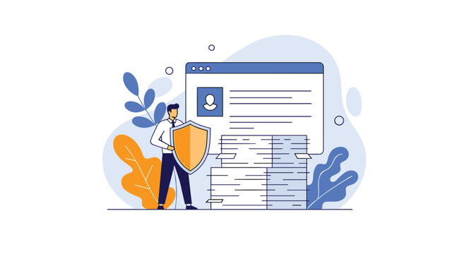 IT security professional holding a shield to protect a website user profile and large stacks of data from cyber threats.