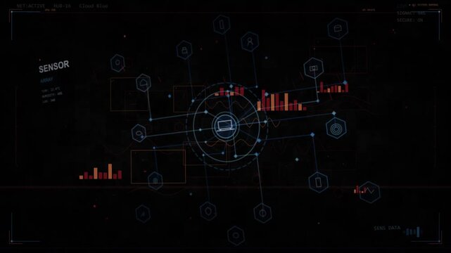 On boot central HUD powering, rings appearing, nodes linking, bars rising for sensor monitoring