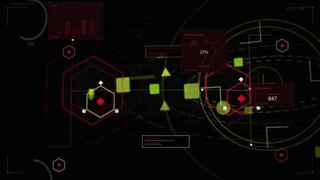 Data pulse powering linked hexes, marks moving, rings spinning, panels showing 27% 42% 847 for KPI