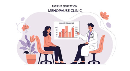 Naklejka premium Doctor explains hormone balance chart to woman at menopause clinic, patient education
