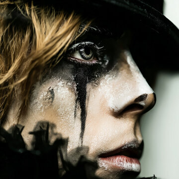 Artistic close-up portrait of a gothic mime man with black tear makeup and vintage hat, creating a mysterious cinematic atmosphere.
