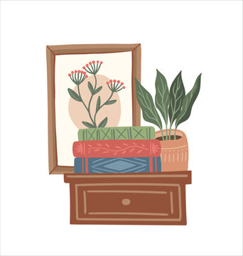 Shelf with books, houseplant and picture. Cottage Core. Vector isolated illustration. Design element