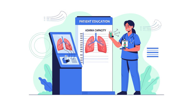 Doctor educating patient on lung capacity with digital display of lungs and spirometer