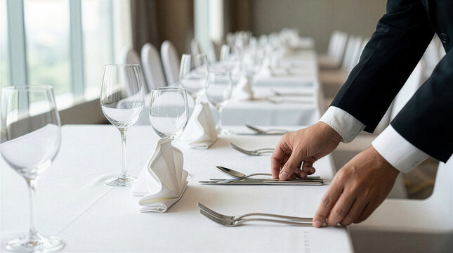 Catering staff setting a formal banquet table with silverware and wine glasses. Professional hospitality food service for a luxury event, wedding, or fine dining conference.