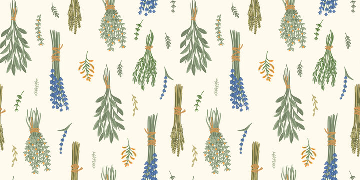 Medicinal herbs, gathering. Seamless pattern. Vector design