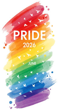 Rainbow watercolor brush strokes with white birds and text "PRIDE 2026 JUNE", symbolizing celebration and freedom for LGBTQ+ community