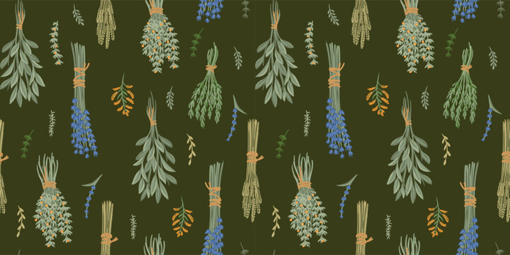Medicinal herbs, gathering. Seamless pattern. Vector design