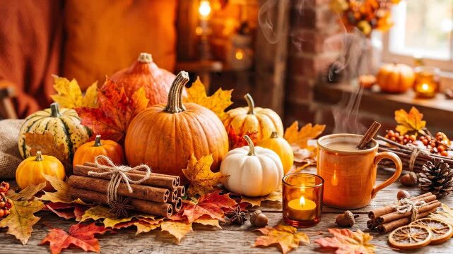 Slow motion close up of autumn pumpkins and spiced mug with cinnamon on wooden table in cozy indoor setting