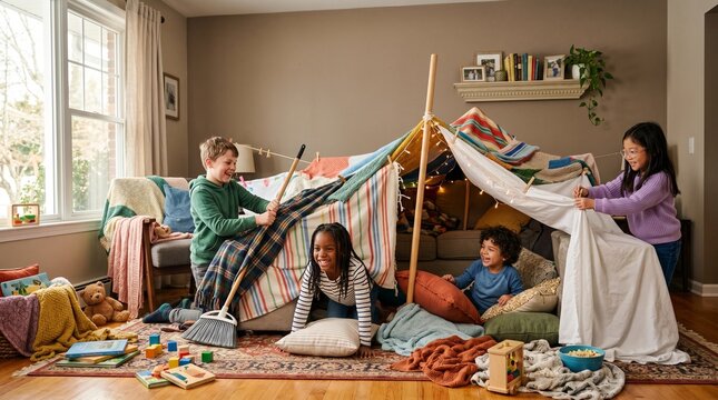 Diverse group of happy children building a blanket fort indoors using blankets chairs and string lights for fun