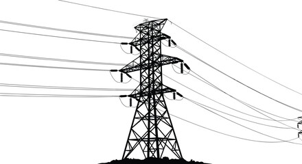 Black And White Silhouette Of High Voltage Electricity Transmission Tower With Power Lines Vector Illustration © NR