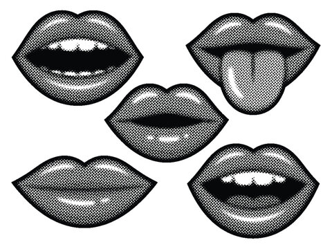 Halftone mouth expressions icons illustration set, generic female lips biting smiling and shouting poses for comic style graphics.