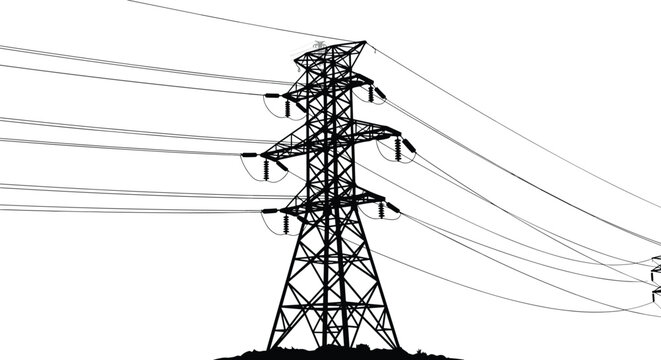 Black And White Silhouette Of High Voltage Electricity Transmission Tower With Power Lines Vector Illustration
