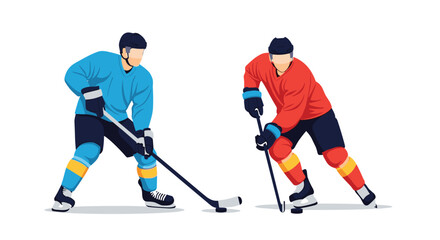 Fototapeta premium Two professional ice hockey players compete for the puck on the rink in a dynamic sports action vector illustration.