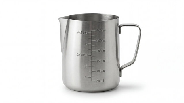 Metallic pitcher with measurement markings isolated on white background