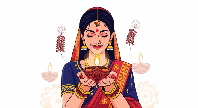 Traditional Indian woman celebrating Diwali with lit oil lamps and colorful decorations. Festive Diwali illustration featuring joyful expressions and vibrant attire.