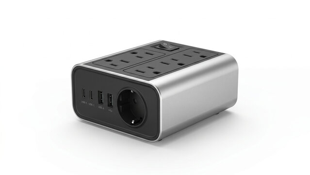 Modern power strip with multiple outlets and usb charging ports on white