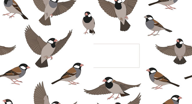 Seamless pattern design of java sparrow birds in various flight and perched poses on a white background.