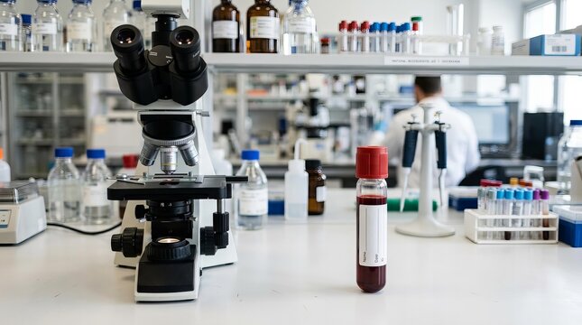 Blood sample in a test tube on a laboratory counter with microscope and scientist