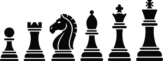 Chess piece silhouettes icons illustration set, generic standard strategy game pieces for competition and intellectual graphics. © FASTSEO