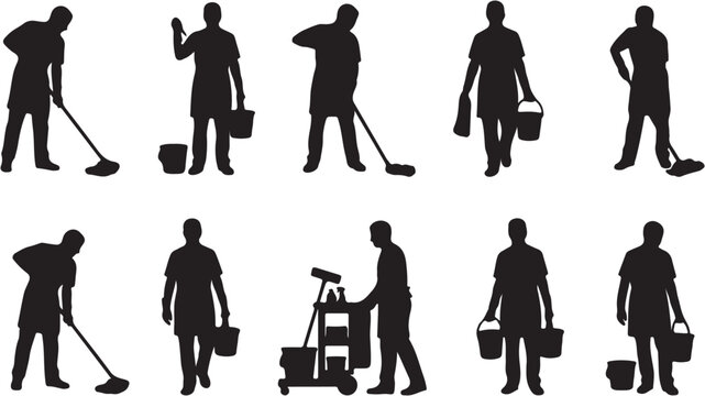 Silhouette of a man cleaning.