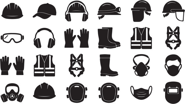 Black icons of safety equipment.