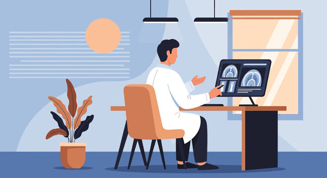 Doctor analyzing MRI scans on computer in modern clinic office, telemedicine concept