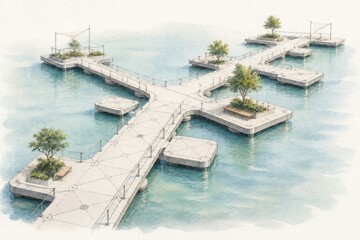 Obraz premium Serene waterfront boardwalk tranquil lake digital art calm environment aerial view nature and architecture fusion
