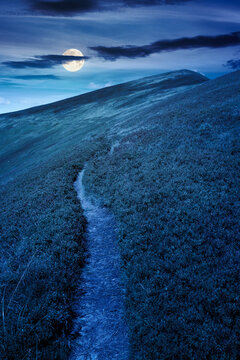 summer landscape at night. mountain path through the grassy slope turns uphill to the sky. mysterious view. full moon over hiking trail path through borzhava ridge. travel ukraine mountains concept
