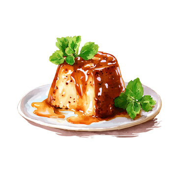 Malva Pudding watercolor drawing vector, premium quality illustration on a clean white background.