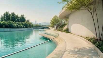 Fototapeta premium Serene waterfront walkway urban park outdoor photography calm environment wide view community relaxation