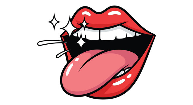 Cartoon red lips with sharp teeth biting cigarette in bold line art style illustration