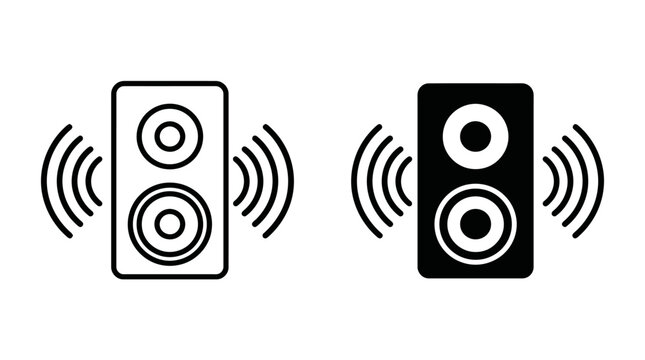 Black and white illustration of two speakers emitting sound waves