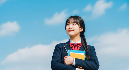 Obraz premium Joyful Asian high school girl standing under a blue sky with textbooks, perfect for educational success and youth concepts