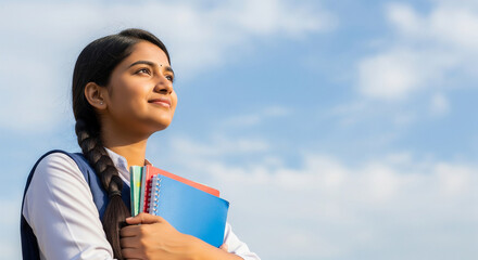 Obraz premium Happy Indian schoolgirl looking towards a bright future under a blue sky, perfect for global education and youth inspiration concepts