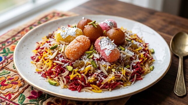 Colorful Indian Zarda Rice Dessert with Gulab Jamun on Traditional Mat