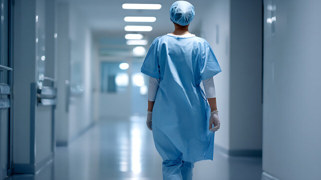 Rear view of a person in medical scrubs and surgical cap walk down a sterile hospital corridor, motion blurred with a sense of urgency or purpose