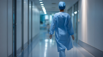Fototapeta premium Medical professional in blue scrubs walks down a sterile hospital hallway towards an ambiguous, bright area, highlighting dedication and professional care