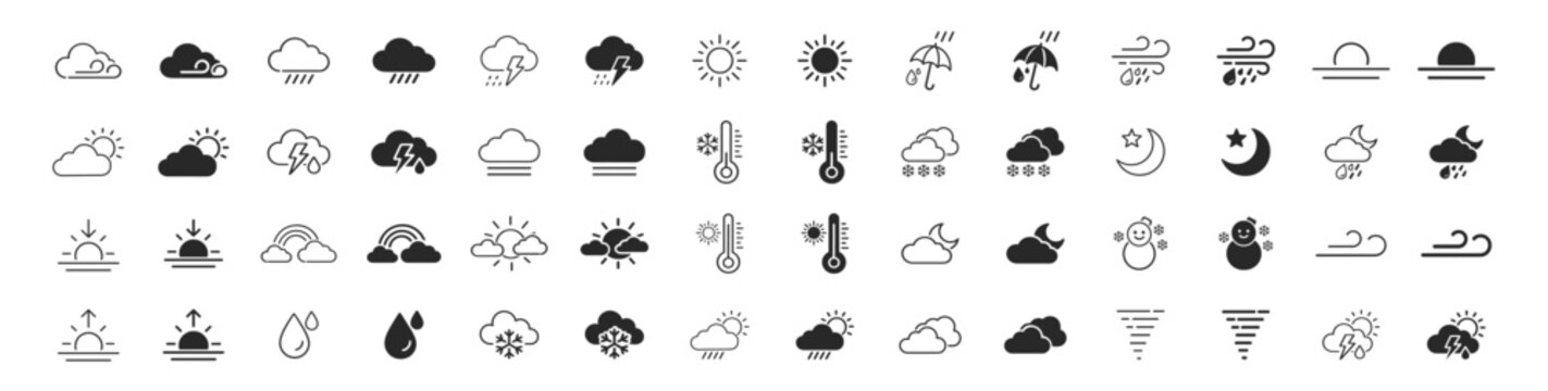 Weather forecast icon set with editable outline climate symbols and meteorology collection