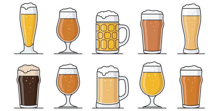 Collection of ten different types of refreshing beer glasses filled with frothy beverages on transparent background