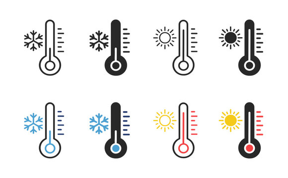 Thermometer weather icon set with hot cold temperature and seasonal climate symbols