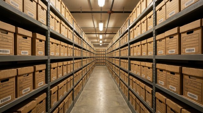 Archive storage room with rows of cardboard boxes on industrial shelves, warehouse records organization facility, logistics
