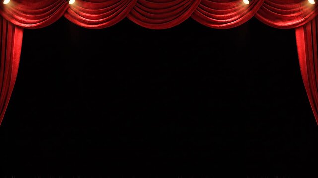 Dramatic opening of red curtains on stage revealing dark background