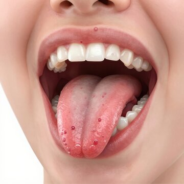 Medical close up of human mouth showing tongue with red spots and healthy white teeth set.