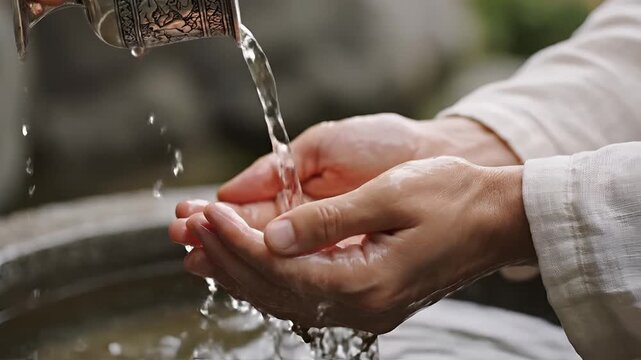 Closeup of hands being washed with water from a decorative metal pitcher.