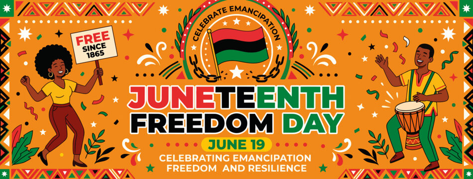 Juneteenth freedom day celebration banner. African American people with drum and sign. Flat design vector illustration