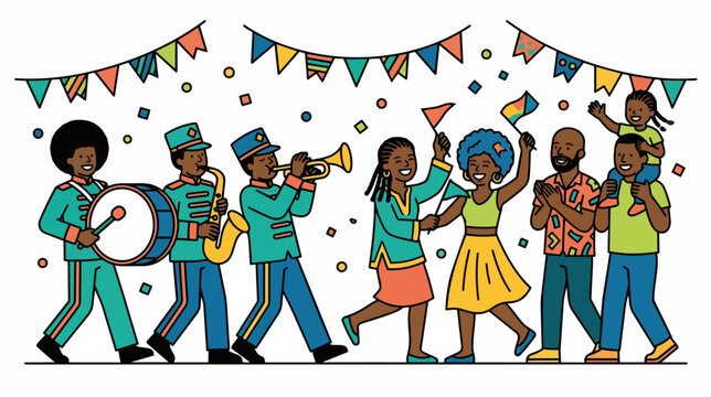 Juneteenth celebration parade with marching band and dancing people. Flat design vector illustration. African American holiday festival concept