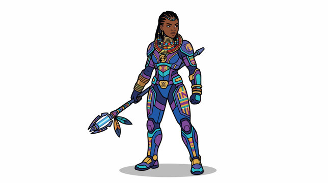 Afrofuturist Black female warrior character with spear. Juneteenth sci-fi concept vector illustration