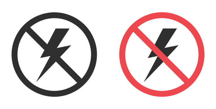 Lightning and no lightning electricity icons representing flash warning, power outage, blackout risk and electric safety notification, vector