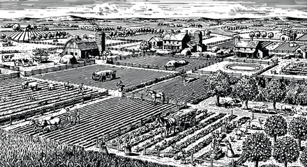 Fototapeta premium Vintage Agricultural Landscape Engraving Illustration, Historical Farmstead Panorama, Antique Rural Countryside Line Art Vector Design